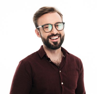 smiling man with dark hair and beard wearing glasses, in a black shirt